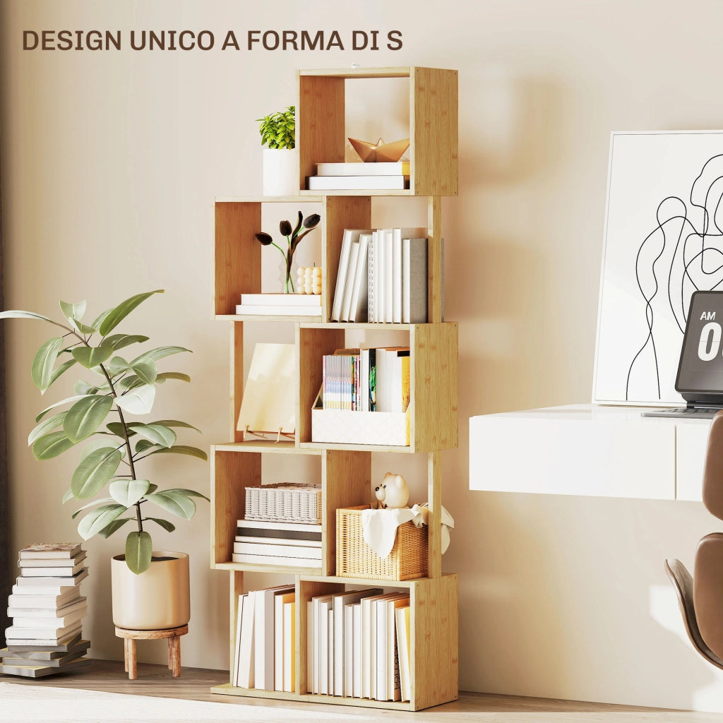 Libreria Moderna Asimmetrica a 5 Livelli in Bamb¨´, 62.5 x 23 x 165 cm, Colore Legno Naturale