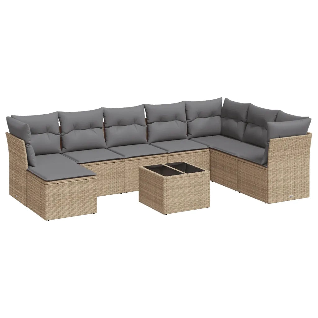 Set Divano da Giardino 9 pz con Cuscini Beige in Polyrattan