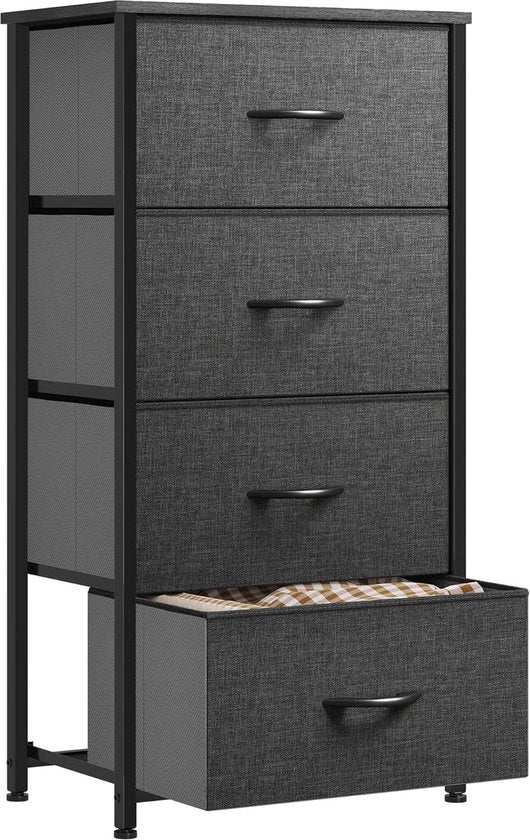 Comparto per tessuti con 4 ante per camera da letto e soggiorno - Struttura in acciaio - Facile da trascinare - Cassetti per tessuti - Superficie in legno - Nero grigio