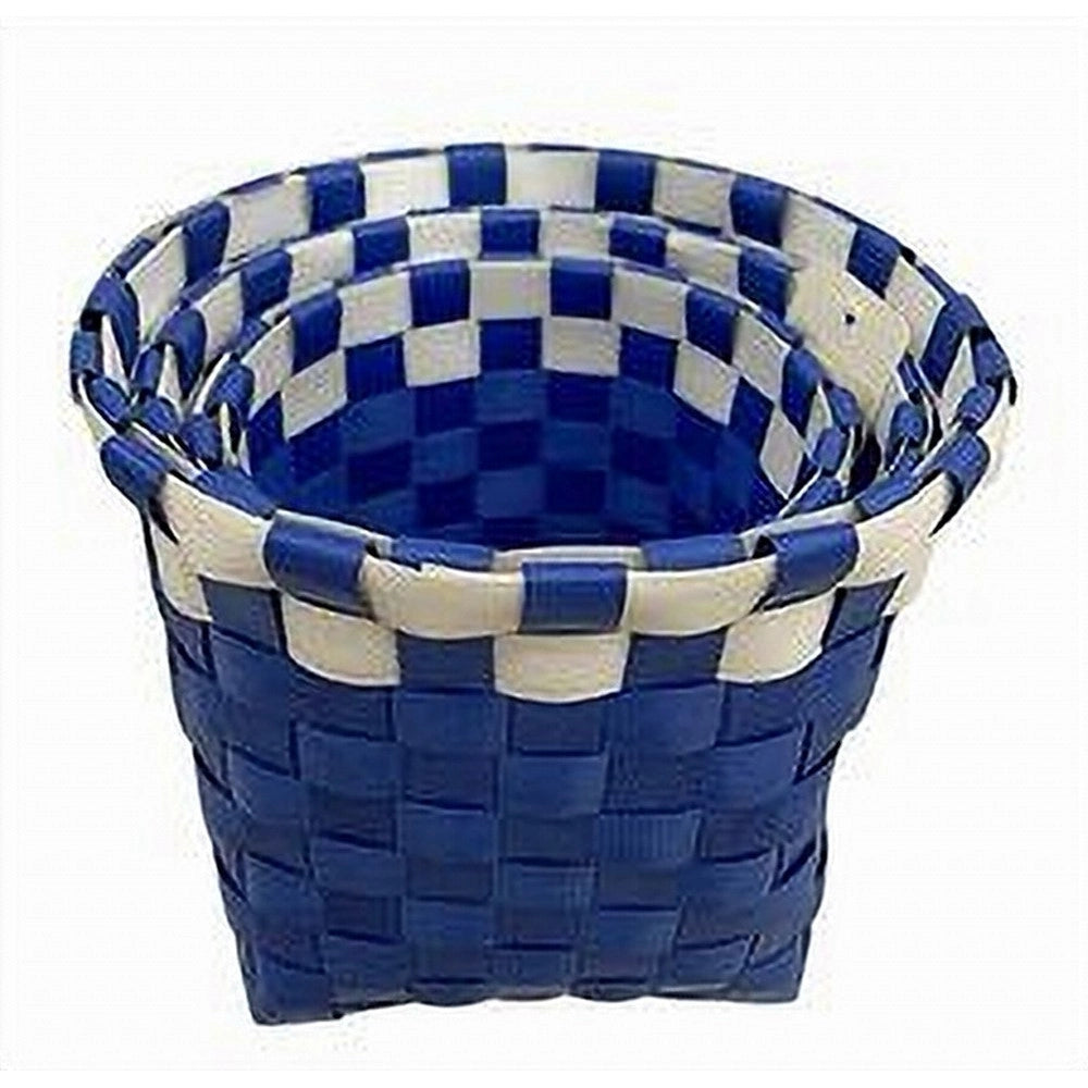 Trade Shop - Set 3 Pz Cestini Porta Oggetti Organizer Tessuto Bagno Rotondi Blu Bianco 59076 -