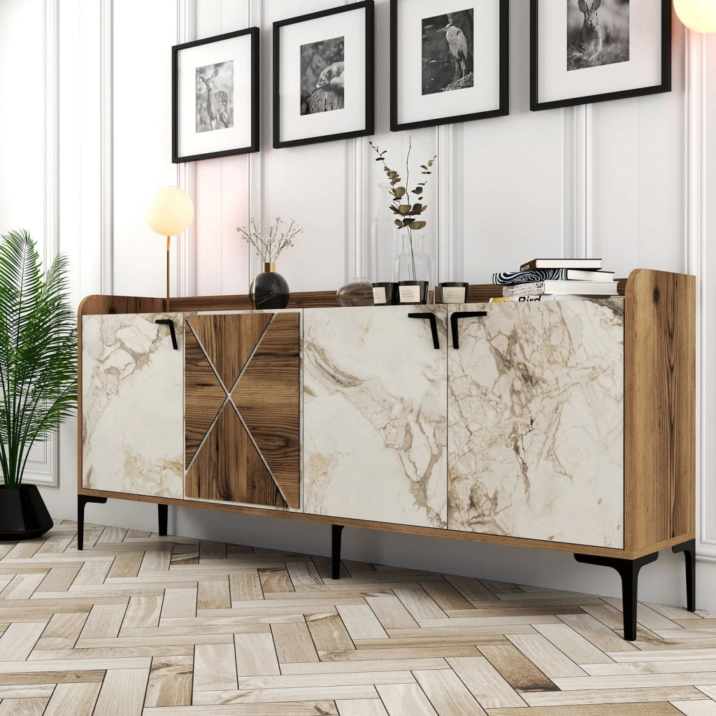 Credenza in legno "Venedik" - 180 x 35 x 78 cm - Bianco marmorizzato