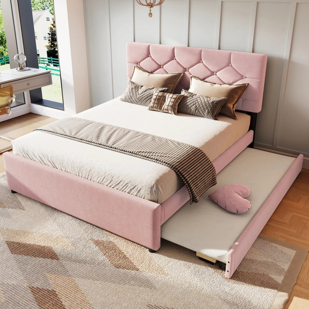 Letto imbottito 140x200cm - Zephmum - Con contenitore a rotelle, velluto, rosa, minimalista