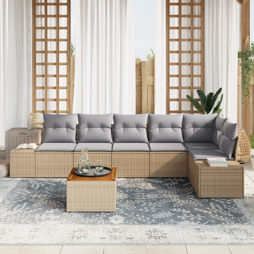 Set di divani da giardino 7 pezzi con cuscini beige in polyrattan e acacia