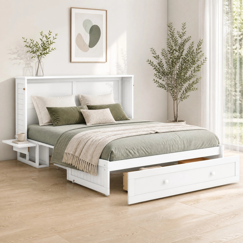 LETTO A SCOMPARSA 140x200 cm Bianco in pino e MDF con cassetto e ripiani