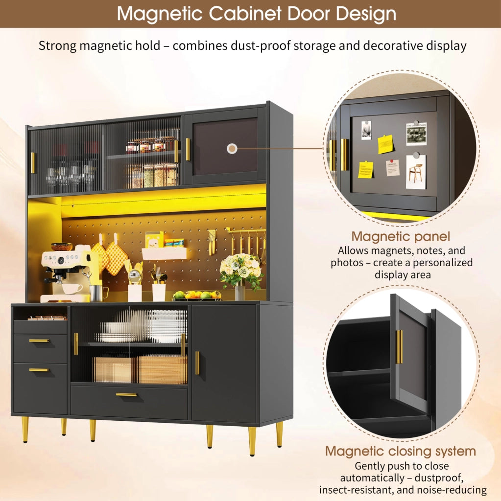 Credenza ULEVR 140x40x180 cm con vetrine, cassetti, ripiani regolabili e LED multicolore, nera