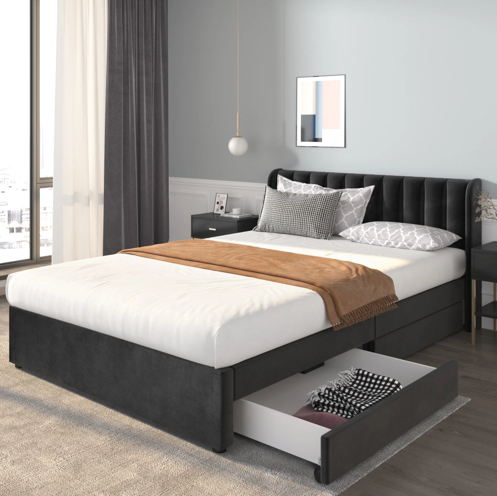 Letto imbottito in velluto 160x200 cm nero con 2 cassetti