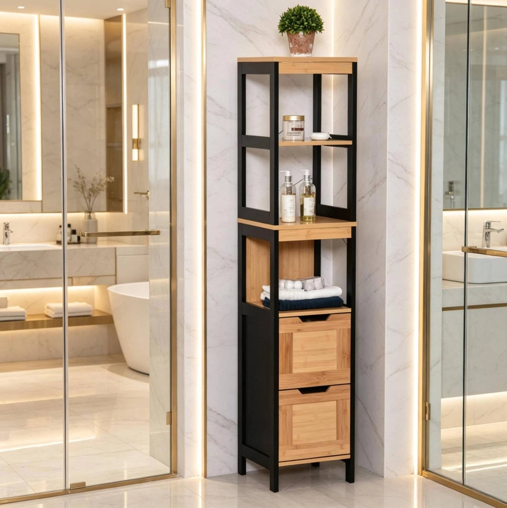 Colonna bagno in bambù e MDF con 3 ripiani e 2 cassetti, 30 x 30 x 144,3 cm