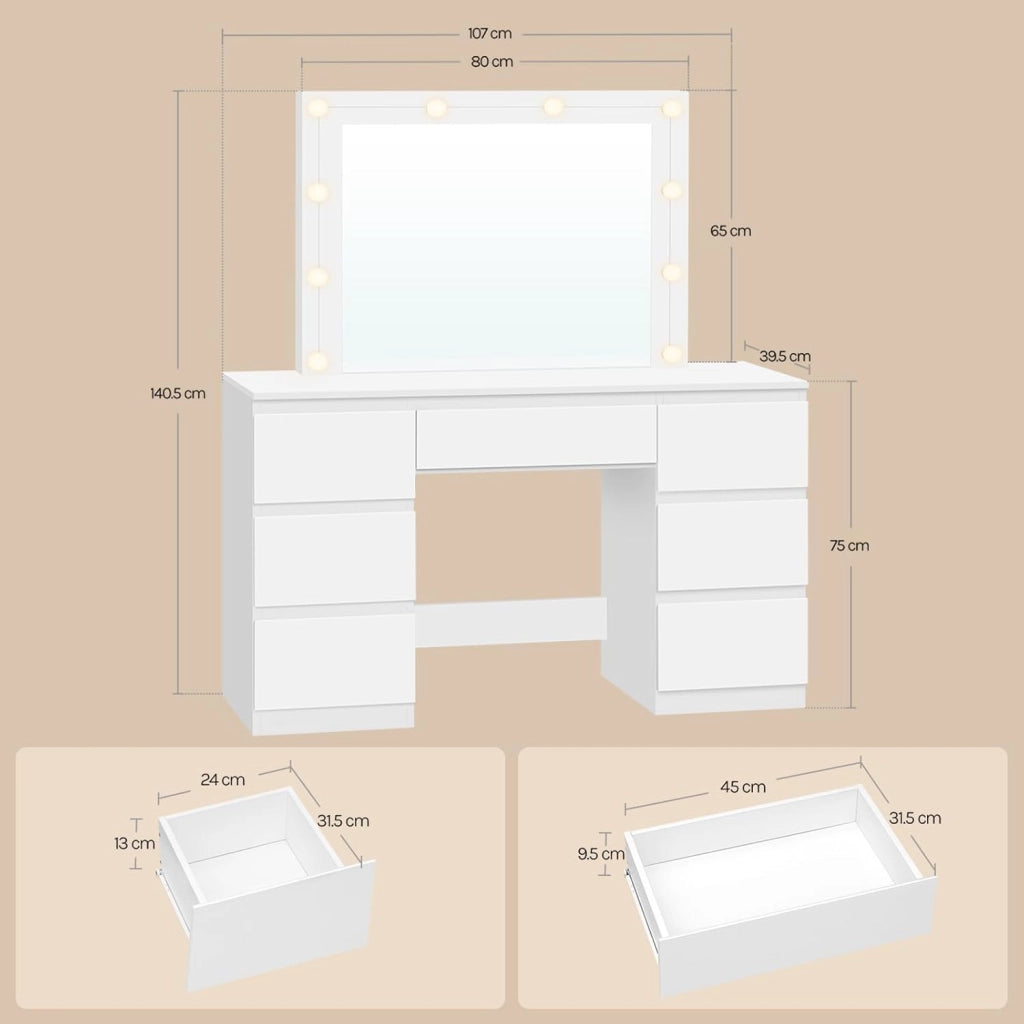 Grande toeletta da trucco, Toeletta con Specchio e Luci, Tavolo da trucco con specchio, Postazione Trucco con 7 cassetti per Camera da Letto, bianco, 107 cm