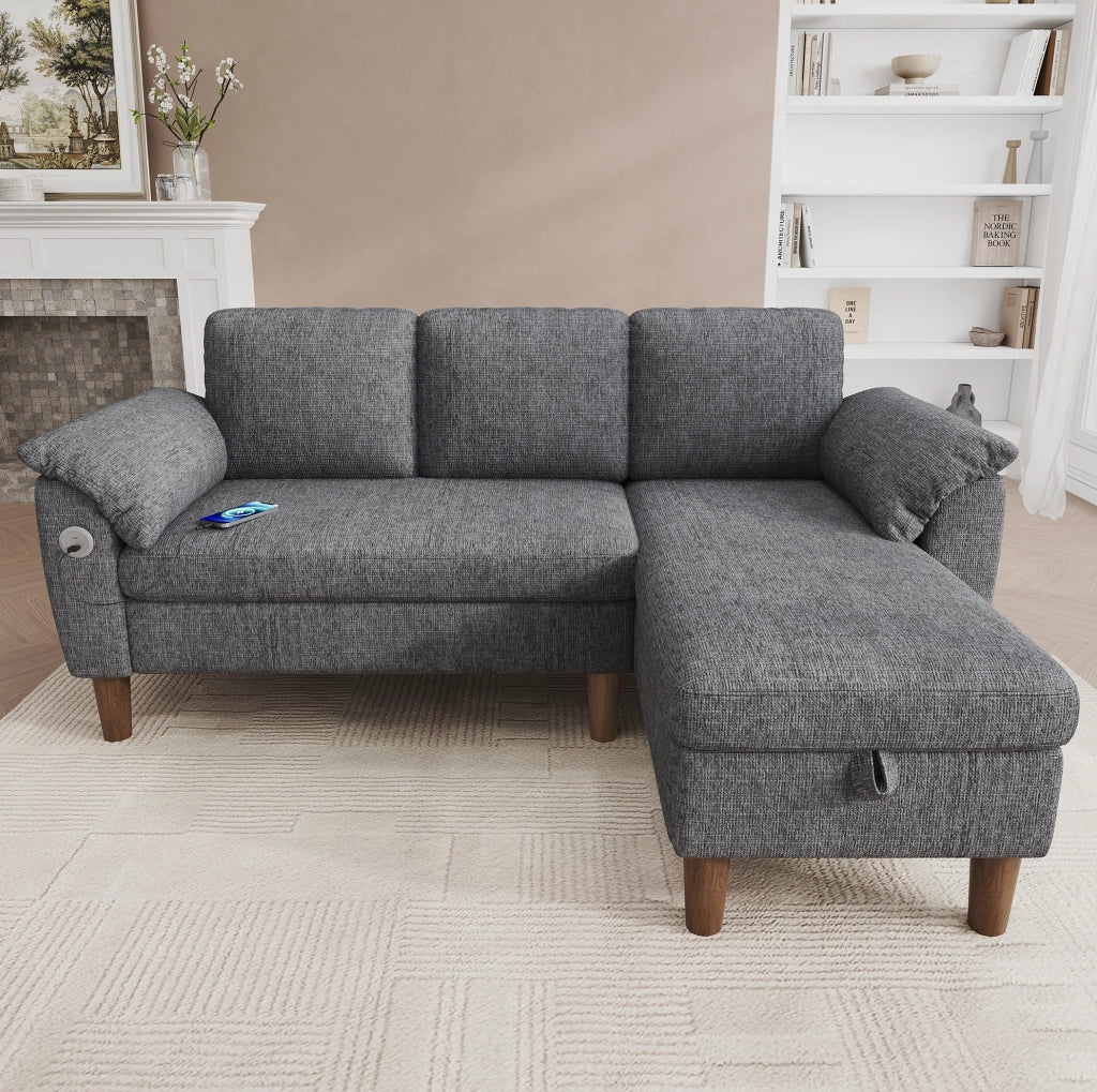 Divano angolare a L 3 posti con chaise longue reversibile; contenitore; USB/Type-C; grigio chiaro