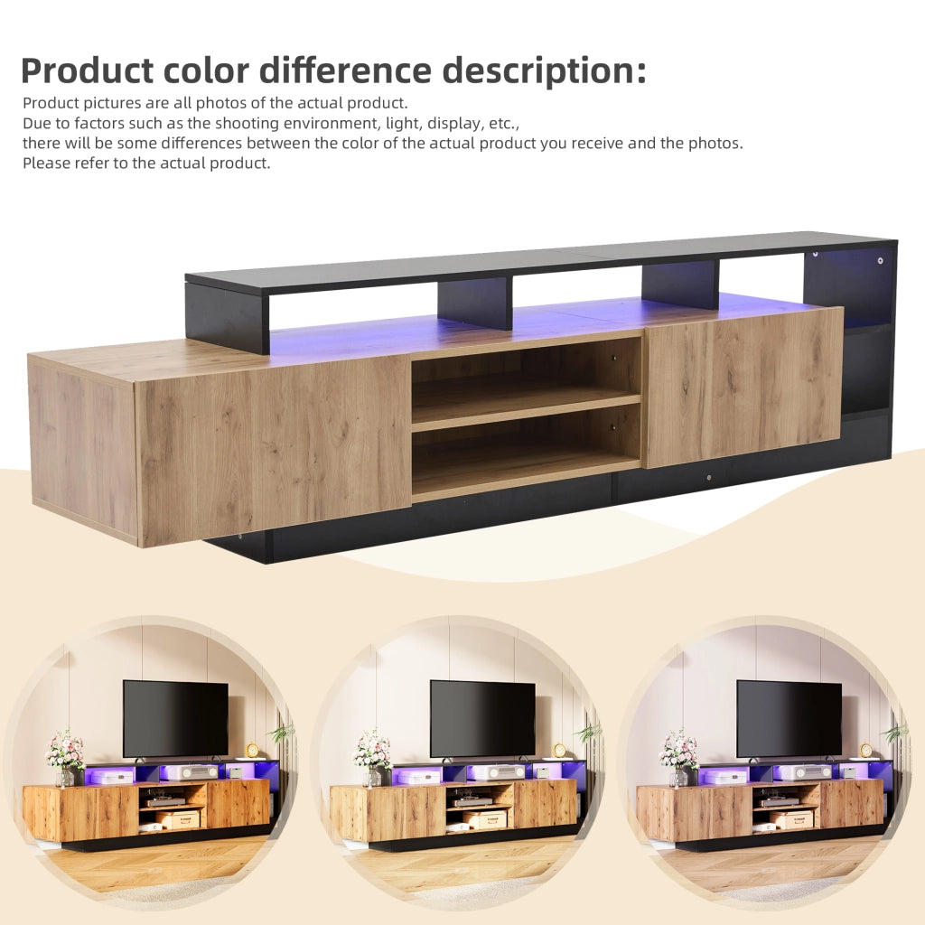 Mobile porta TV con LED e vani aperti in legno e nero per soggiorno e camera da letto 190 × 40 × 48,5 cm
