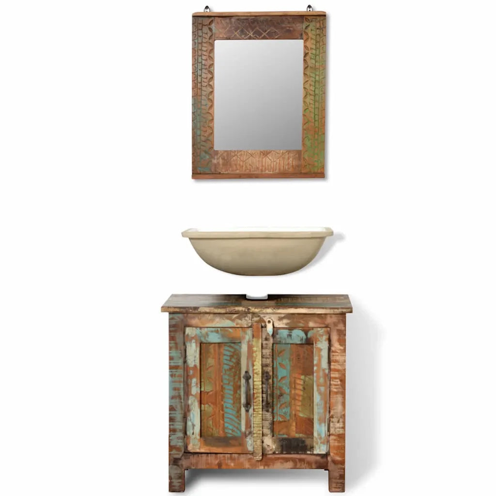 Armadietto in Legno di recupero solido per Bagno con Specchio cod mxl 31361