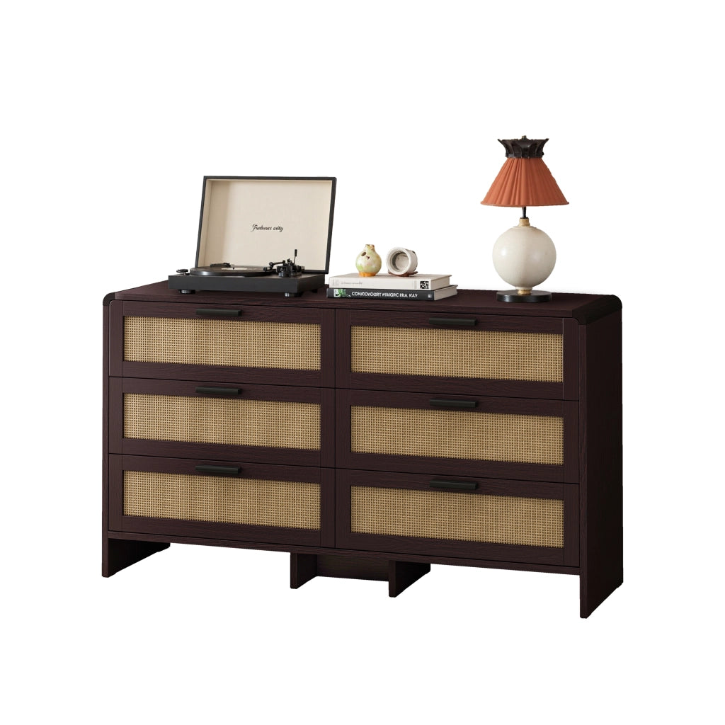 Cassettiera Ad Angolo con Angoli Arrotondati e 6 Cassetti in Rattan; Stile Naturale; in Pannelli di Particelle; 130??40??80 cm; Marrone Rossiccio