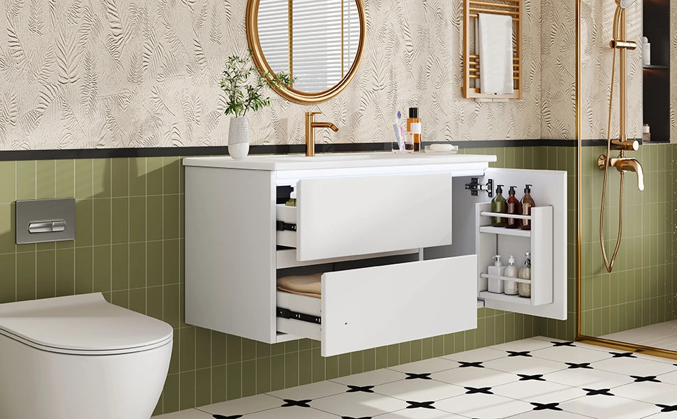 Mobile sottolavabo con lavabo in ceramica, LED con sensore radar, 2 cassetti e 1 vano, bianco 91 × 46,5 × 50,5 cm