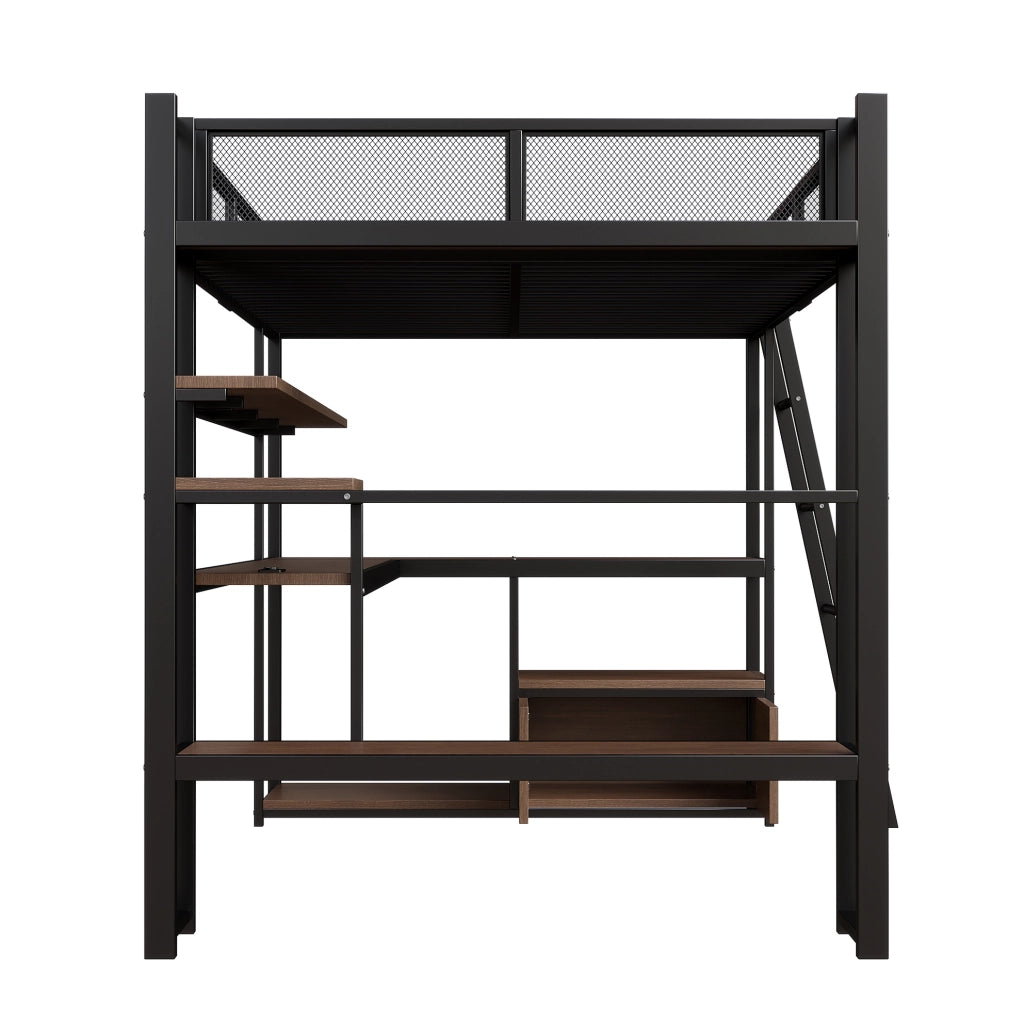 Letto a soppalco 140x200 cm con scrivania; LED e contenitore in MDF e metallo nero