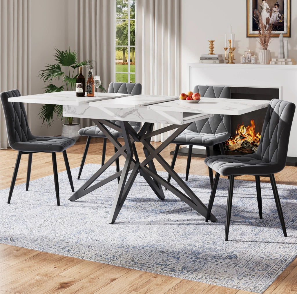 Tavolo da pranzo allungabile 120/160x80x76 cm; MDF e metallo; bianco; effetto marmo