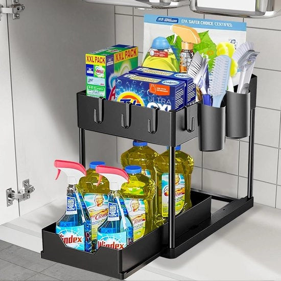 Organizzatore di cucina, 2 strati sotto la pensilina con 4 ganci e 2 tazze, spazio di stoccaggio sotto la pensilina, cesta espandibile sotto la base della cabina, nero