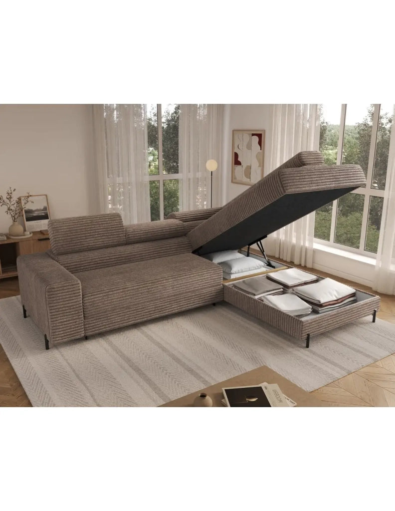 Divano ad angolo COLESIA convertibile 5 posti beige velluto a coste – destro – 274x200cm