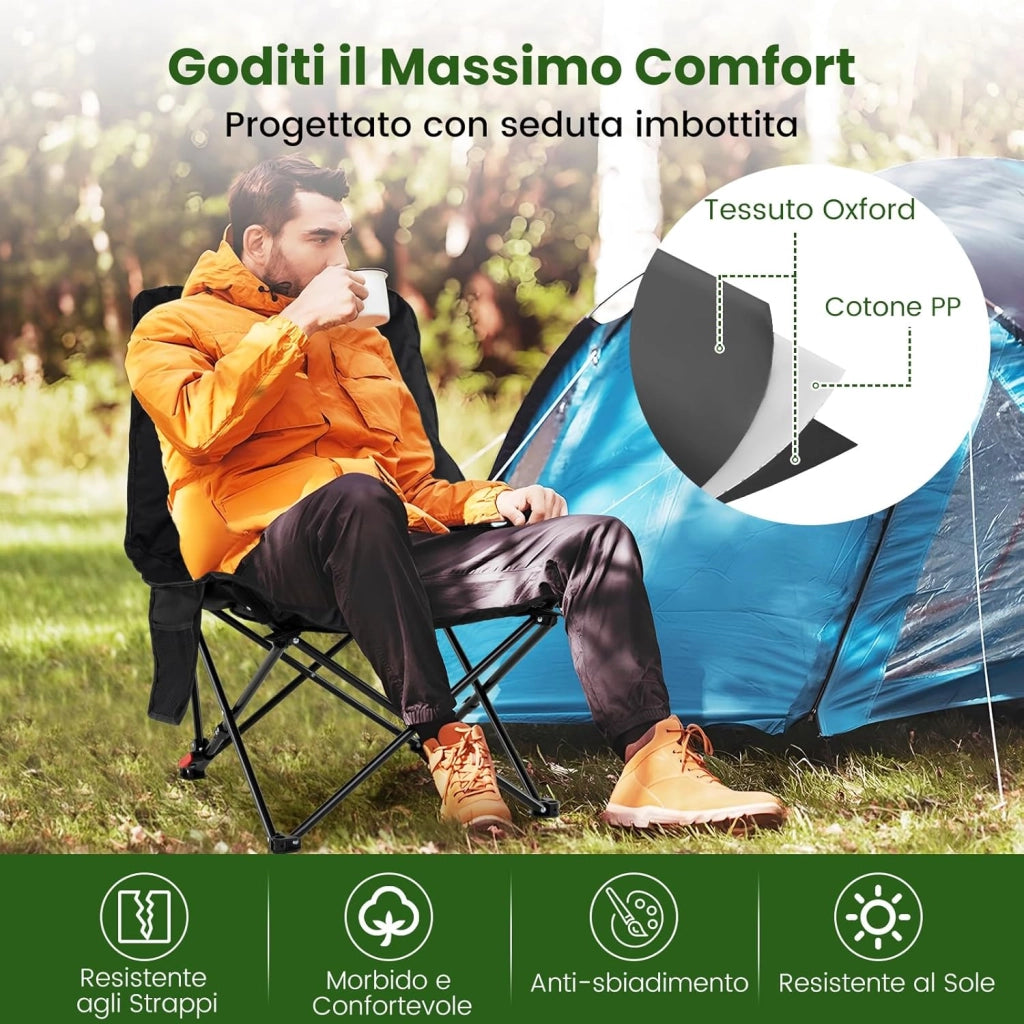 Sedia da Campeggio Portatile, Sedia Pieghevole Imbottita con Schienale Regolabile e Tasca Laterale, Seduta da Giardino in Metallo con Borsa da Trasporto, Portata 150 kg