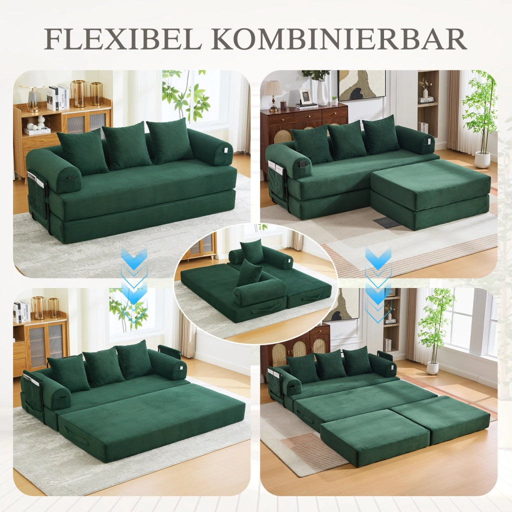 DIVANO Modulare 200x190x67 cm Corda Verde Smeraldo con pouf e 3 cuscini