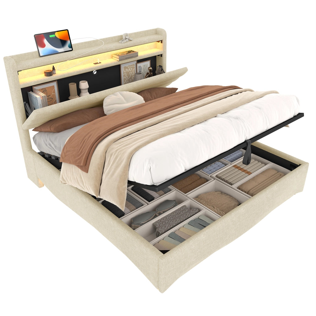 Letti contenitori 140x200 cm con LED e vano contenitore; lino beige (Senza materasso)