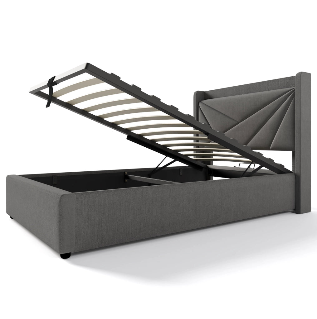 Letto singolo contenitore 90x200 cm con USB C e USB; testiera geometrica; grigio