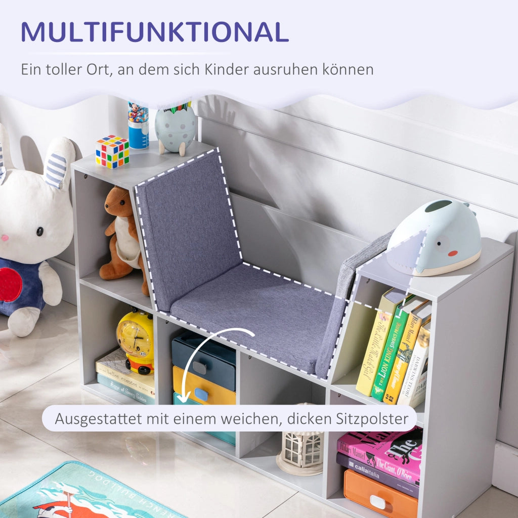 Libreria per bambini 2 in 1 con panca ¨C zephmum ¨C Bianco + Grigio 103x30x62 cm