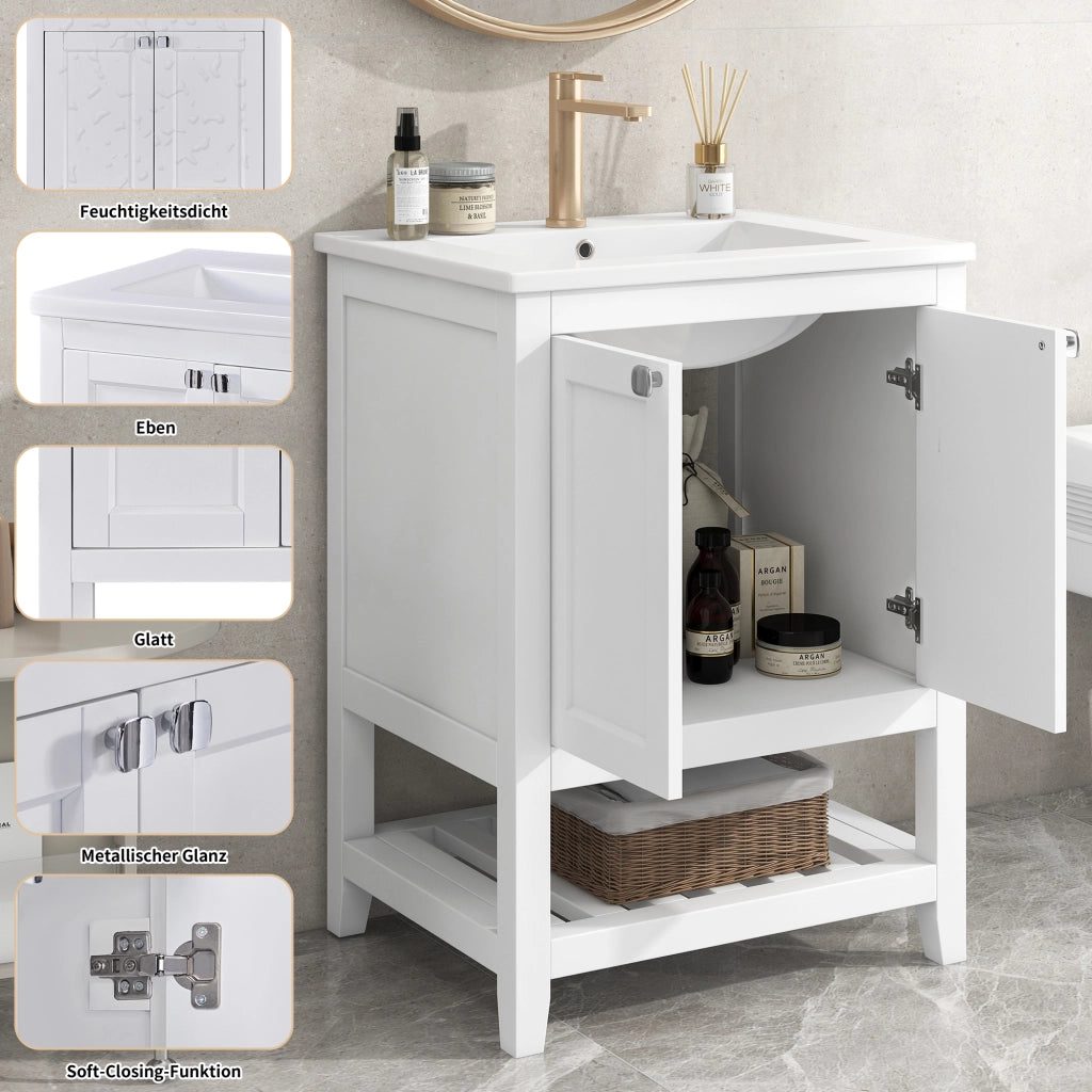 Mobile bagno singolo con lavabo in ceramica e mobiletto sottolavabo, 60 cm, bianco