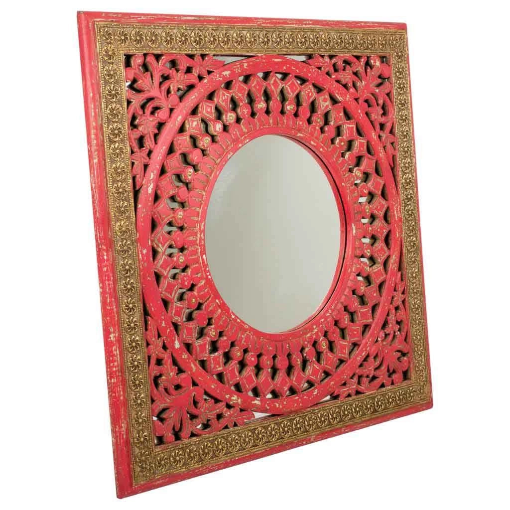 Specchio in legno rosso fatto a mano 60,5x1,5x60,5 cm