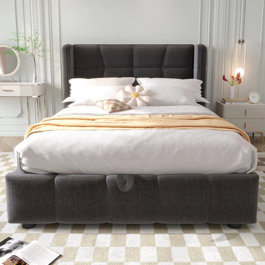 Letto singolo 90 x 200 cm, testiera imbottita, vano portaoggetti, tessuto di lino, grigio
