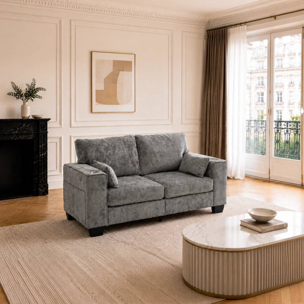 Divano a 2 posti con portabicchieri e tasche laterali in tessuto chenille grigio scuro per soggiorno 182 cm