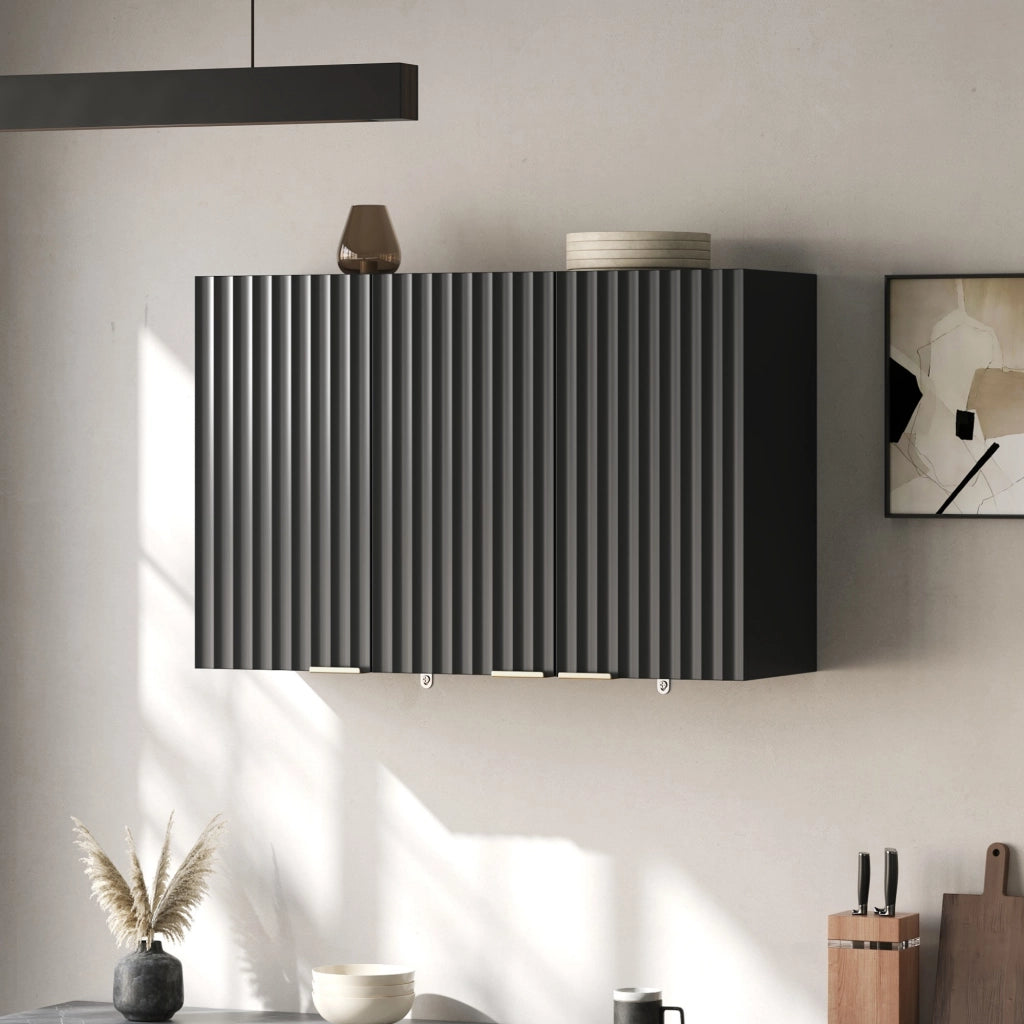 Pensile da parete con 3 ante in MDF nero 90x29x60 cm per cucina, bagno e lavanderia