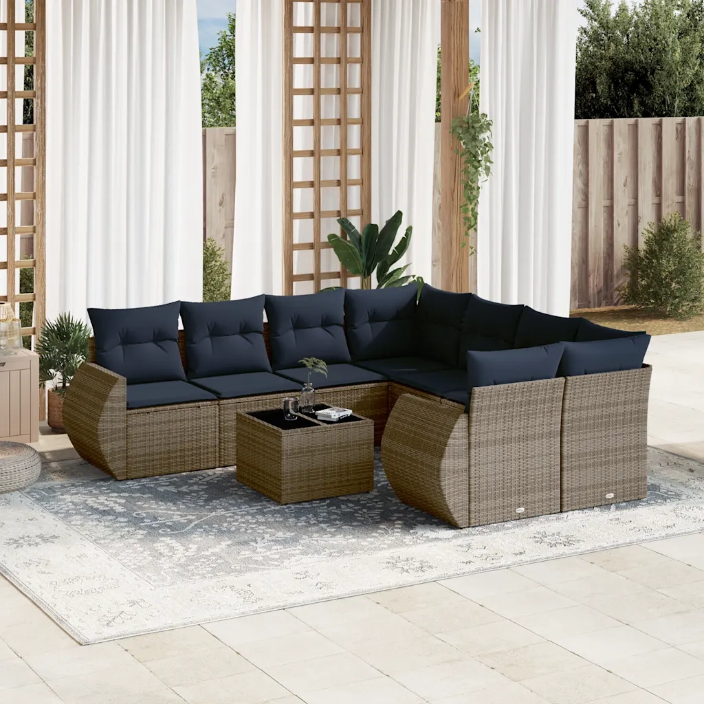 Set Divani da Giardino 9 pz con Cuscini Grigio in Polyrattan 3221160