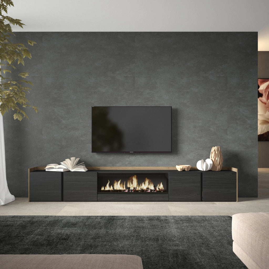 Mobile TV Soggiorno, 315x50x35 cm, Per TV fino a 80", Camino elettrico XXL, Nero e rovere