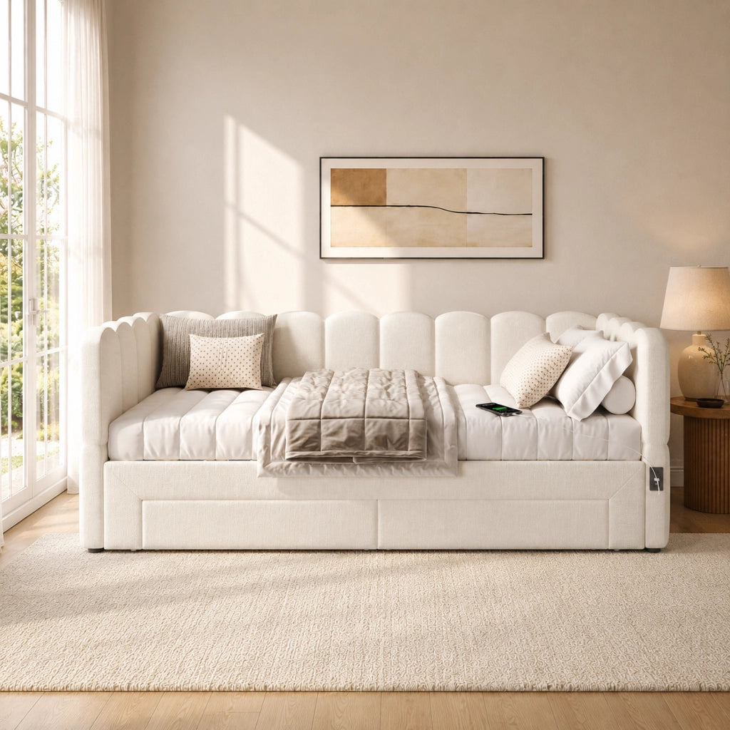 Divano letto con letto estraibile e cassetti, 90x190 cm, lino beige