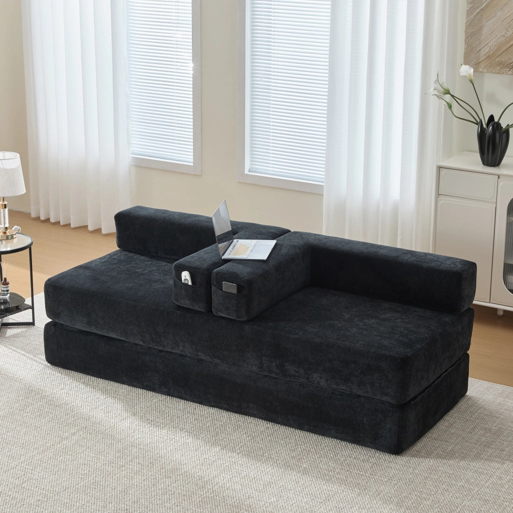 Divano modulare in ciniglia nero con tasche laterali e base antiscivolo 198x79x60 cm