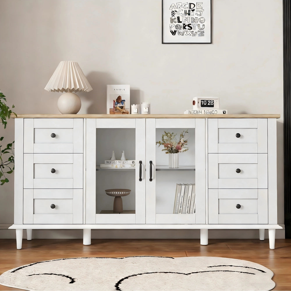 Credenza Soggiorno con LED, 6 Cassetti e 2 Ante ¨C MINIMAL ¨C Bianco/Legno 150x40x75