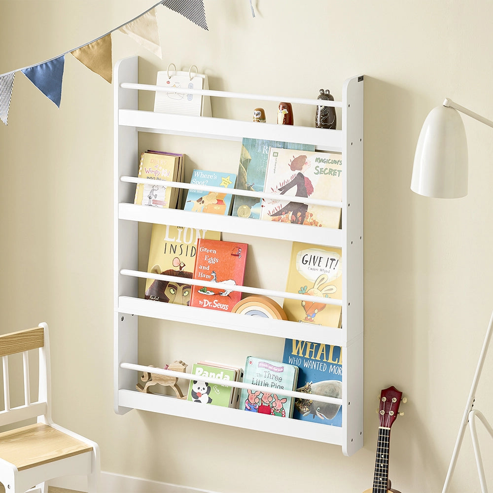 SoBuy | Libreria montessoriana per bambini bianca con 4 ripiani | Libreria per bambini | Porta libri per bambini | 80.0x12.0x118.0 cm | Capacità di carico 24 kg | KMB08-II-W