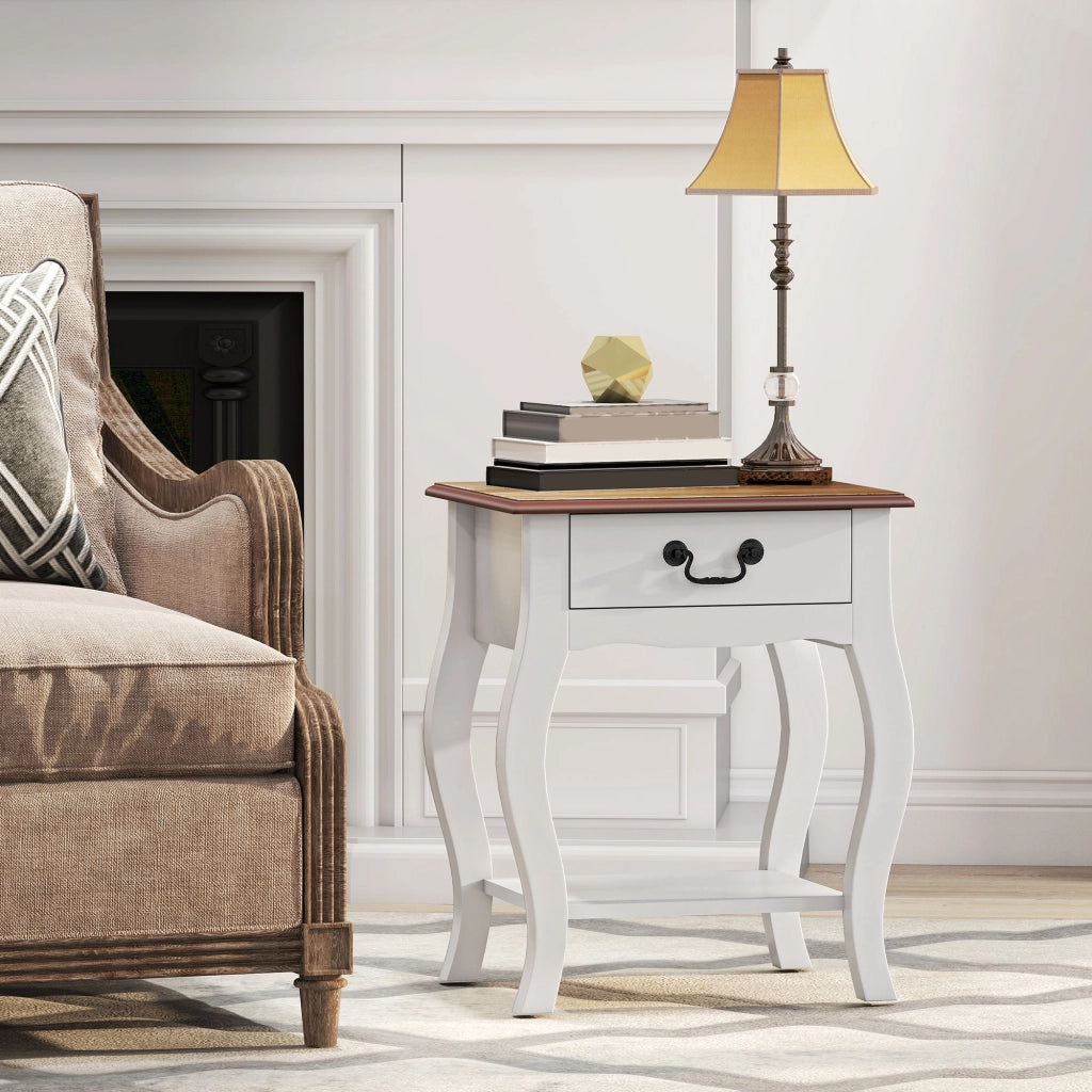 Comodino con Cassetto e Ripiano Aperto in Stile Francese in Legno, 45x35x55 cm, Bianco e Rovere