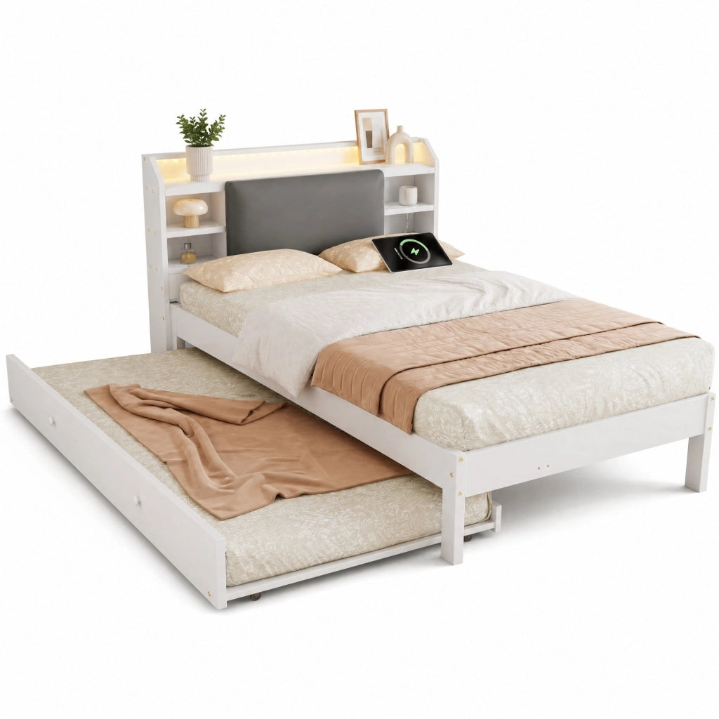 Letto Estraibile 120x200 cm e 90x190 cm - LED; Mensole e Stazione di Ricarica - Bianco