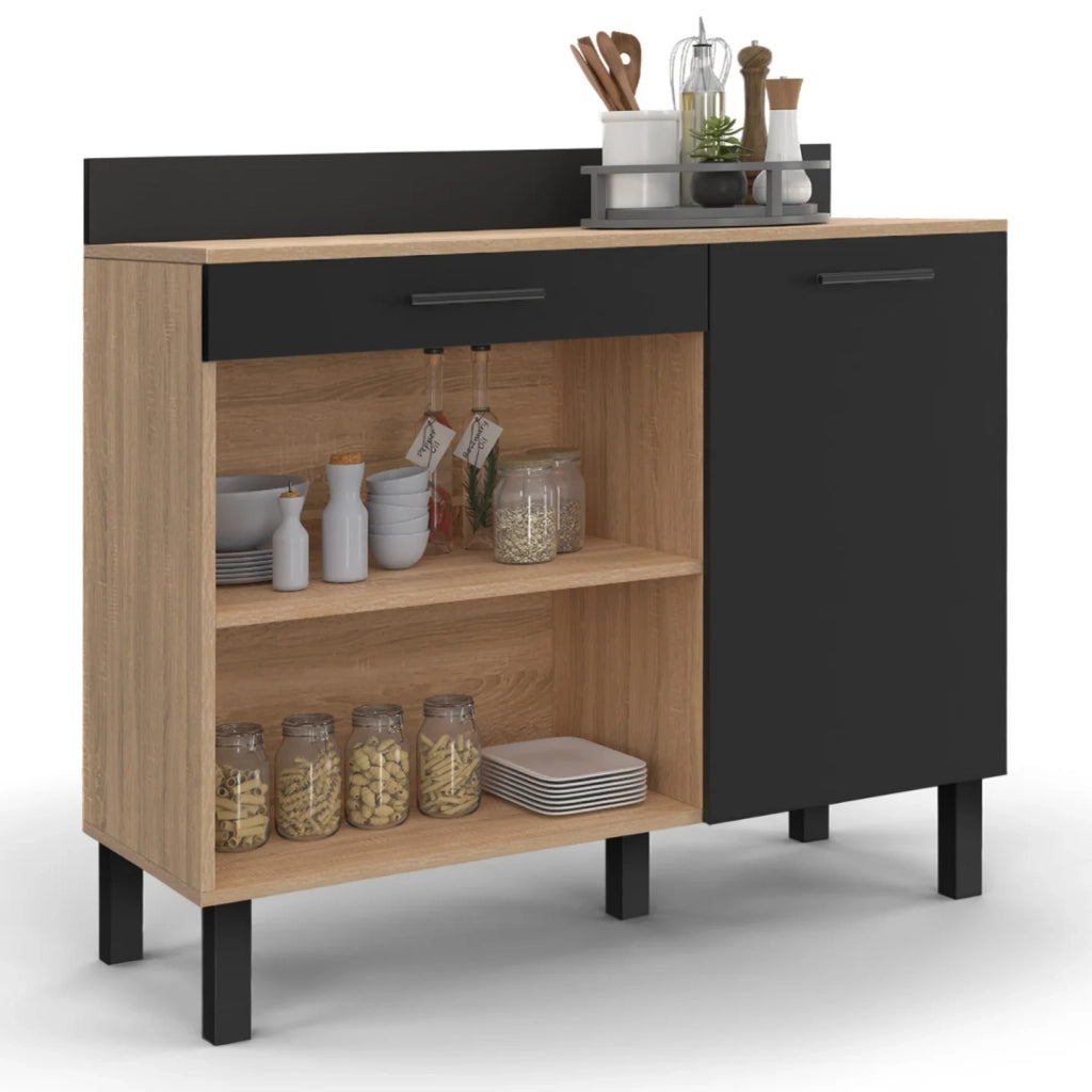 IDMarket - Credenza bassa 100 CM CINA piano di lavoro H.83 cm 1 anta + 1 cassetto finitura faggio e nero