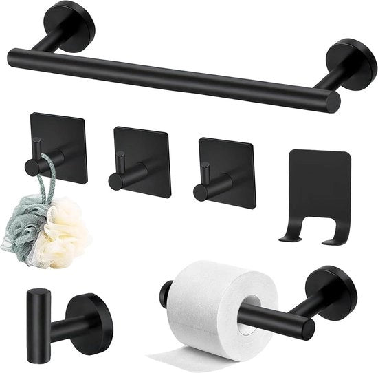 Set di asciugamani 7 in 1 - Acciaio inossidabile - Adesivo auto-attaccante - Set di attaccapanni asciugamani - Ospite per carta igienica - Set di accessori bagno nero
