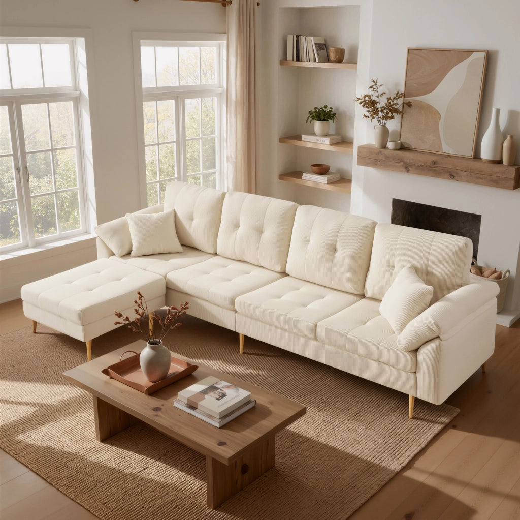 Divano 4 posti 250x70x87 cm con pouf separato configurabile a L; velluto a coste beige chiaro