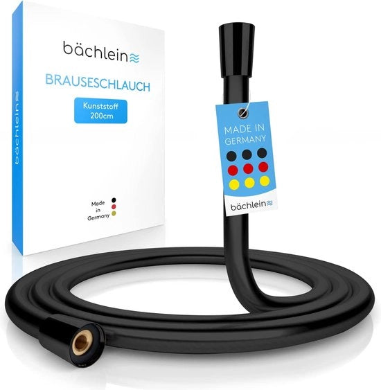 Doucheslang Kunststof con Doppia Protezione con Doppia Protezione Rotativa - Nero Lucido - Fatto in Germania - Doucheslang Flessibile e Resistente alle Sfumature con Fibre di Poliestere Rafforzate da 2,0m di Lunghezza - G ½” Connettiore