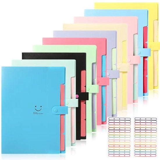 Pacco di 10 cartelle espandibili, cartelle A4, cartelle a 5 compartimenti, cartelle A4 espandibili con etichette, cartelle organizzative, sistema di cartellonamento per uso domestico, ufficio, scuola