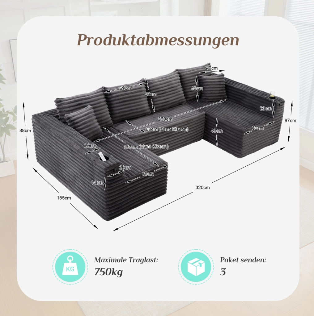 Sofa modulare a U in velluto a coste con portabicchieri e tasche laterali; grigio scuro 320x155x88 cm