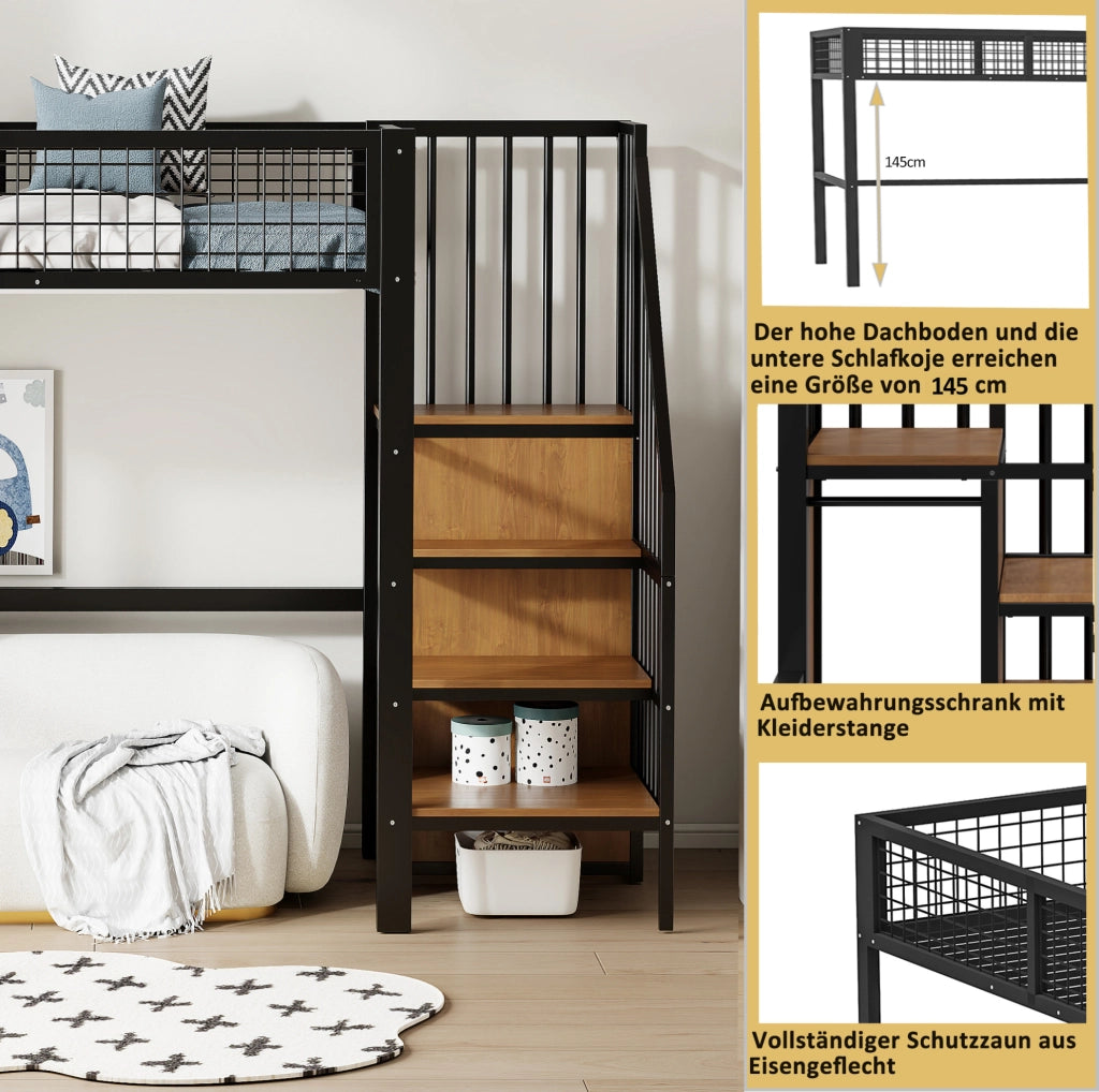Letto a soppalco per bambini 90x200 cm nero con armadio