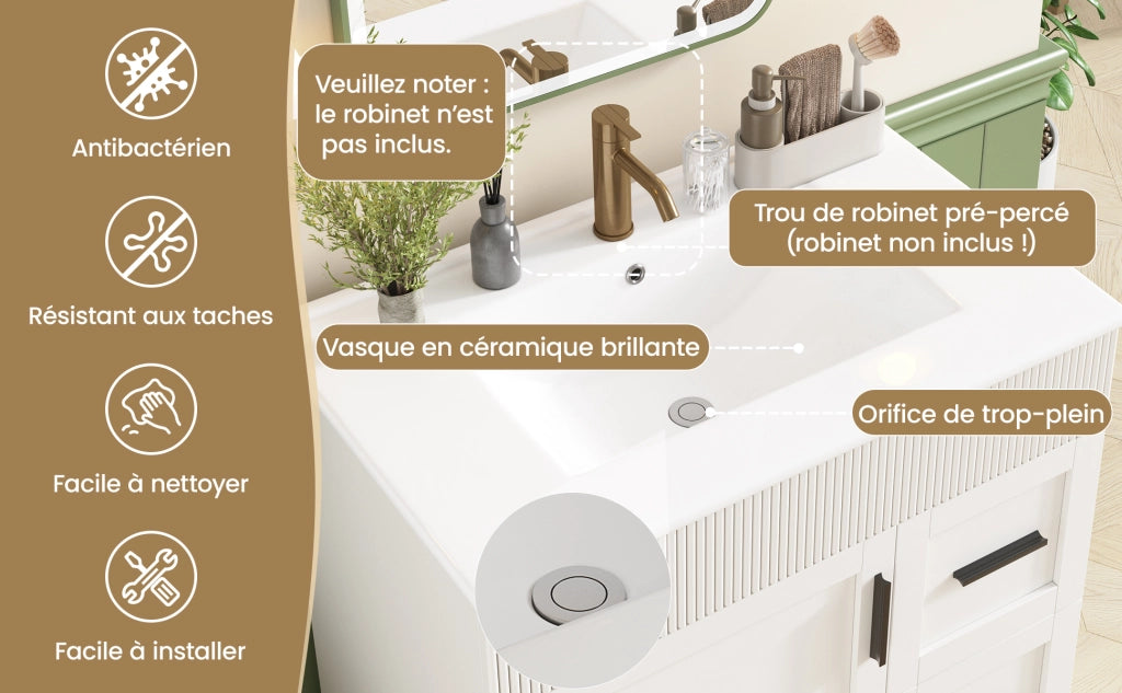 Mobile sottolavabo da bagno con lavabo in ceramica, 2 cassetti e ripiani regolabili, per bagno, bianco, 81,5 × 47 × 85,5 cm