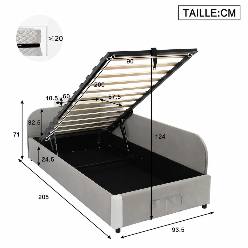 DESMIU Letto combinato 90 × 200 cm 2 posti con contenitore idraulico e tasca, senza materasso, velluto grigio