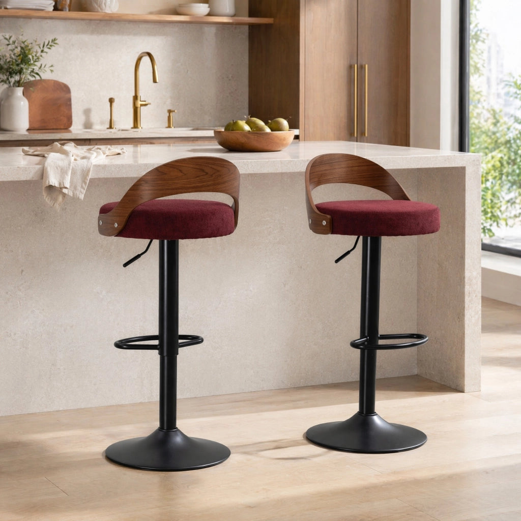Set 2 sgabelli bar girevoli 360° regolabili in altezza; lino bordeaux; con schienale effetto noce