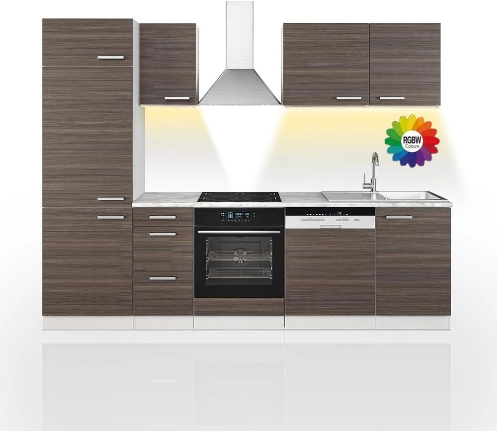 Cucina componibile Optima, Grigio prezioso/bianco, 270 cm senza piano di lavoro con striscia LED, adatto per disposizione e ampliamento personalizzati